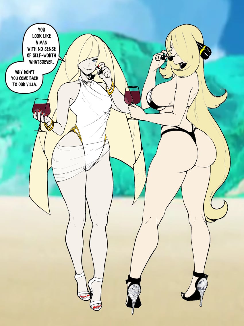 2girls ass beach big_ass big_breasts bikini black_nails breast_size_difference color_edit cynthia_(pokemon) eyewear glass high_heels lusamine_(pokemon) medium_breasts milf multiple_girls nail_polish older_female pokemon pokemon_dppt pokemon_sm red_nails sunglasses tagme thiccwithaq wine