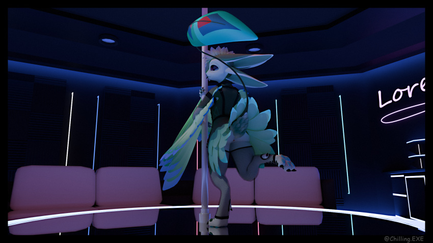 3d 4_ears anthro armwear ass avali chilling.exe clothing dancing digital_media_(artwork) feathered_wings feathers fishnet_armwear fishnet_clothing fishnet_legwear genitals harness hi_res legwear looking_at_viewer male multi_ear nude pawpads paws pole pole_dancing presenting presenting_hindquarters raised_tail solo tail watermark winged_arms wings