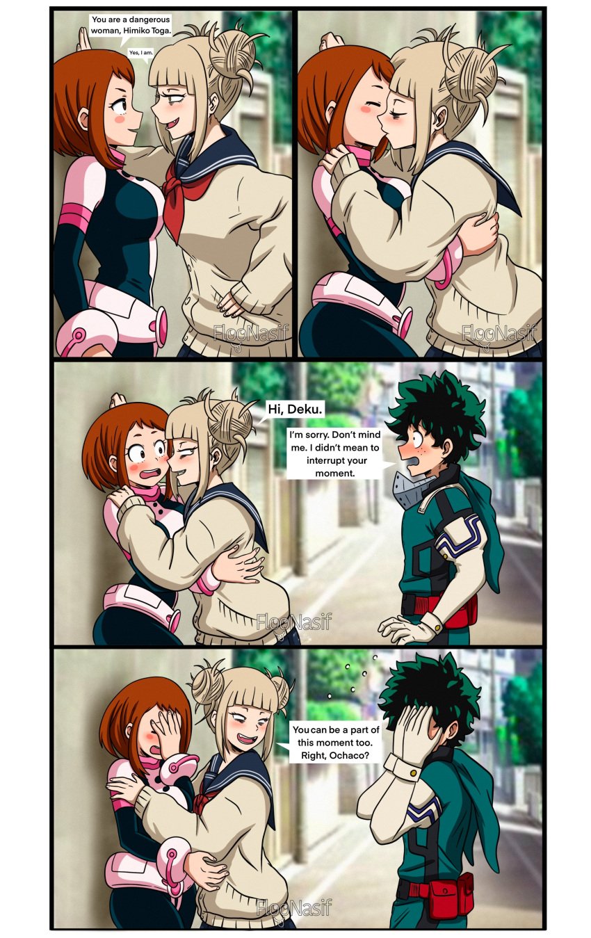 1boy 2girls 2girls1boy blush boku_no_hero_academia canon_couple caught_in_the_act comic comic_page comic_panel deku dialogue dialogue_bubble embarrassed enemies_to_lovers floonasif hero_outfit_(mha) himiko_toga holding invitation inviting izuku_midoriya kissing lesbian_kiss lezdom looking_at_crotch midoriya_izuku my_hero_academia ochako_uraraka polyamory sassy significant_look text threesome throuple toga_himiko uraraka_ochako watching wholesome yuri