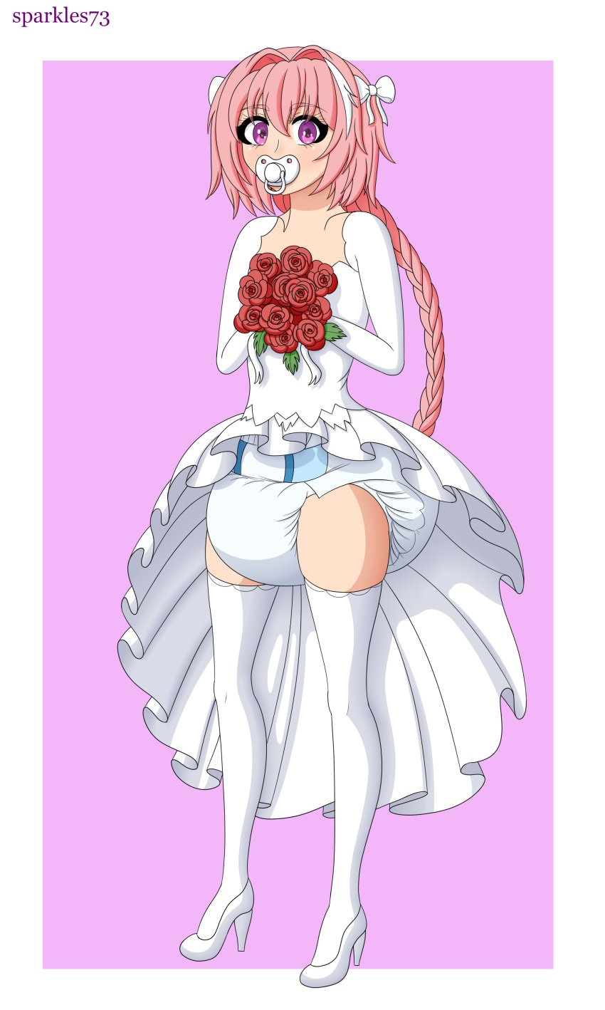 abdl astolfo_(fate) bride diaper diaper_critter diaper_fetish fate/apocrypha fate_(series) male_bride pacifier pink_hair sparkles73 wedding_dress