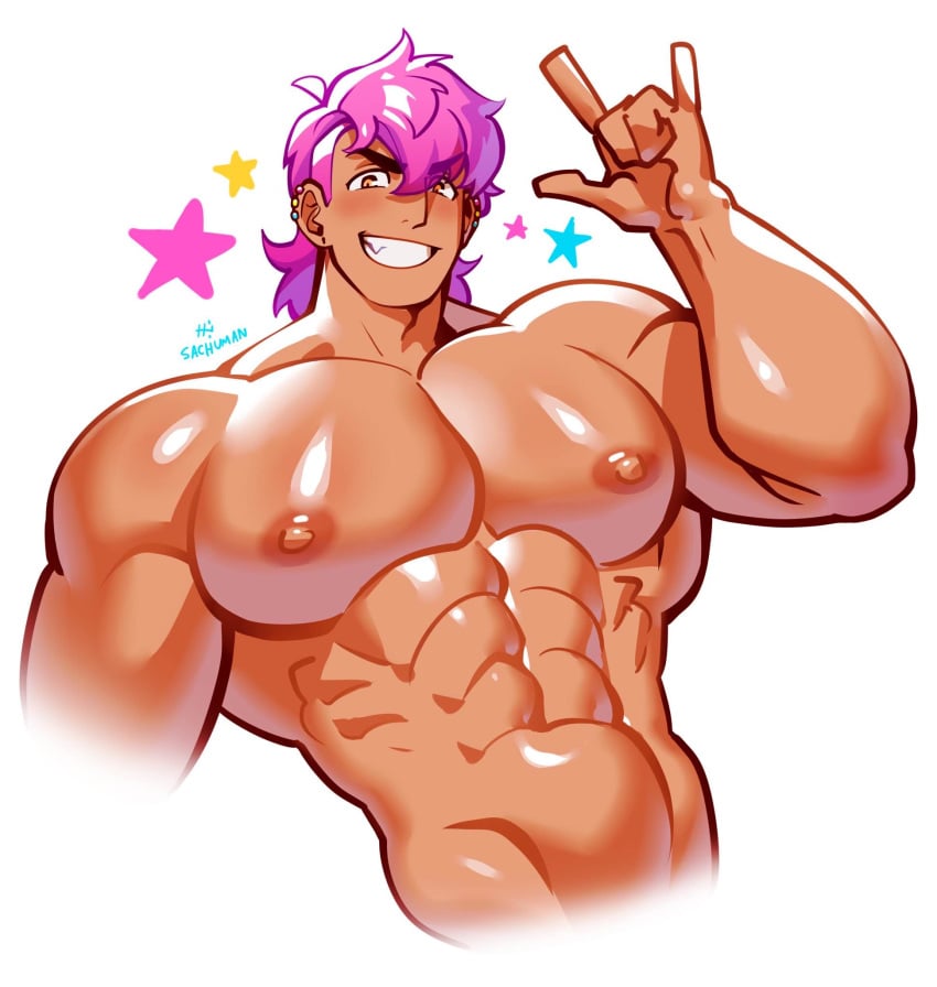 abs bara biceps big_chest big_pecs gay huge_chest huge_pecs male male_only muscular muscular_male pink_eyes pink_hair sachuman tan_body