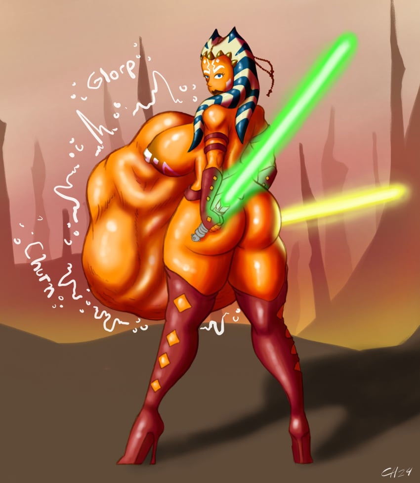 1girls ahsoka_tano alien alien_girl ass back_view belly big_ass big_belly big_breasts blue_eyes body_markings breasts female female_pred high_heel_boots huge_belly large_breasts lightsaber looking_back nipples orange_skin same_size_vore seehedge solo_focus star_wars stomach_noises thick_thighs togruta vore