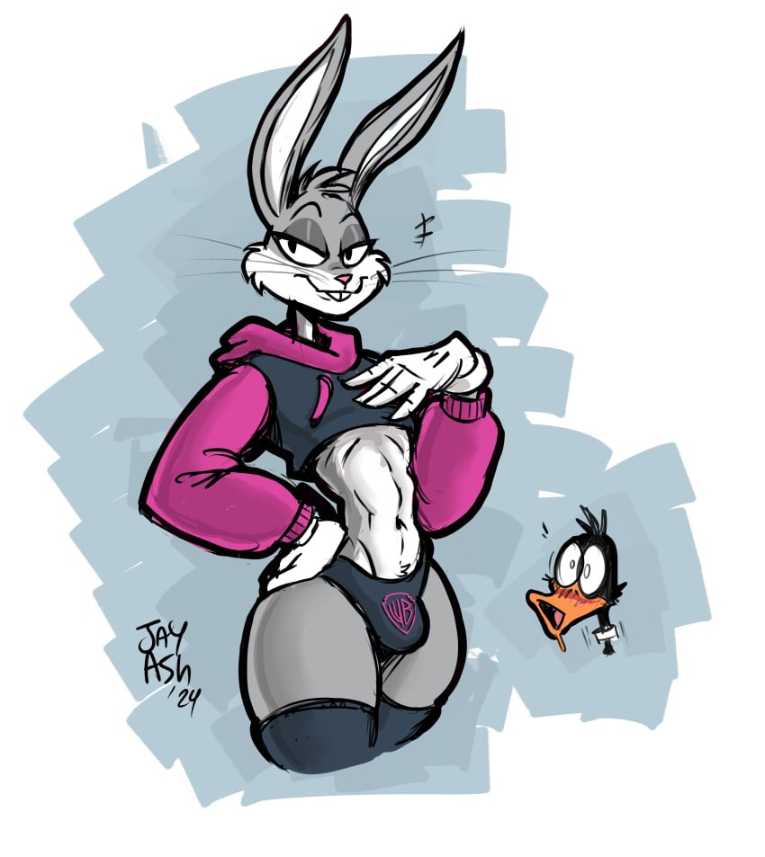 absurd_res anatid anseriform anthro avian bird black_body black_feathers buckteeth bugs_bunny bulge cheek_tuft clothing cropped_hoodie daffy_duck duck facial_tuft feathers femboy fur g-h- ghastlygh grey_body grey_fur half-closed_eyes hi_res lagomorph legwear leporid looney_tunes male mammal meme meme_clothing narrowed_eyes paggi_outfit panties rabbit simple_background smile smirk smug smug_face solo_focus stockings teeth tuft underwear warner_brothers white_background white_body white_fur wide_eyed