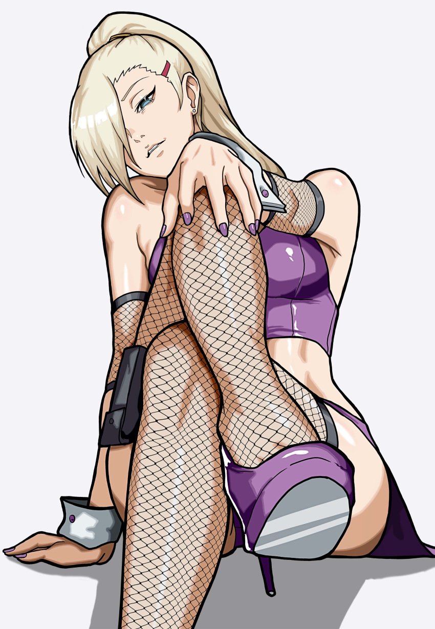 1girls absurdres bare_shoulders black_pouch blonde_hair blue_eyes crop_top crossed_legs ear_piercing earrings facing_viewer female fingernails fishnet_armwear fishnet_thighhighs fishnets footwear_focus hair_ornament hair_over_one_eye hairclip hand_on_own_knee high_heels high_ponytail highres ino_yamanaka jewelry long_hair looking_at_viewer midriff mikey_pie nail_polish naruto naruto_(series) naruto_shippuden piercing ponytail pouch purple_footwear purple_nails purple_shirt purple_skirt shirt sitting skirt solo stud_earrings thigh_pouch thighhighs white_background white_wrist_cuffs wrist_cuffs