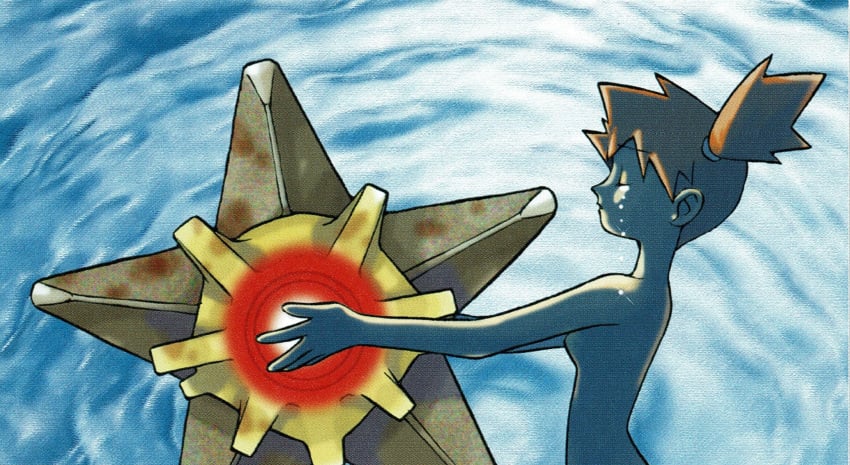 1999 1girls artistic_nude closed_eyes featureless_breasts female game_freak kasumi_(pokemon) ken_sugimori nintendo nonsexual_nudity nude nude_female official_art orange_hair pokemon pokemon_rgby pokemon_trading_card_game sideboob small_breasts solo solo_female staryu tears water