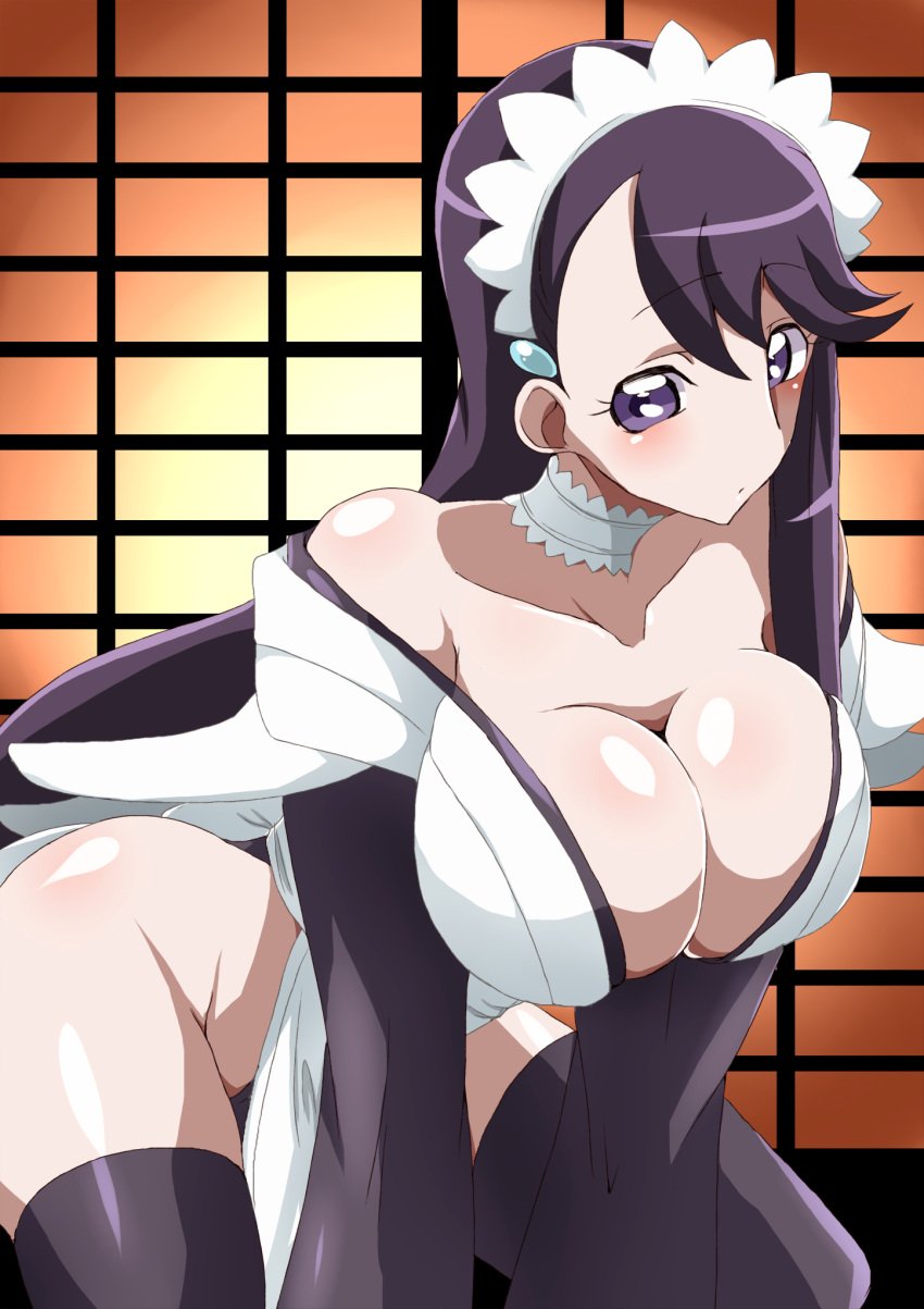 1girls bare_shoulders big_breasts black_eyes black_footwear black_hair black_legwear black_stockings blush busty choker cleavage clothing cosplay crossover curvy detailed_background dress female female_only footwear front_view headgear heartcatch_precure! hourglass_figure human indoor inside iroha large_breasts legwear leotard long_hair looking_at_viewer maid pose posing pretty_cure room samurai_shodown shiny shiny_skin shirakai sitting snk solo stockings thong video_game video_games voluptuous white_dress wide_hips yuri_tsukikage