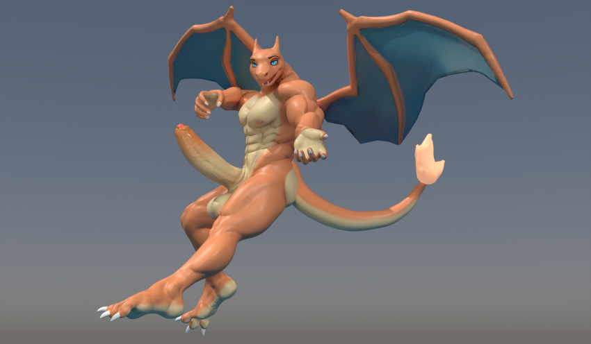 3d_(artwork) anthro anthrofied balls big_penis blue_eyes charizard daddy_'zard_(reptilligator) digital_media_(artwork) erection generation_1_pokemon genitals hi_res humanoid_genitalia humanoid_penis itmy09 looking_at_viewer male muscular muscular_male nintendo nipples nude penis pokemon pokemon_(species) pokemorph scalie simple_background solo