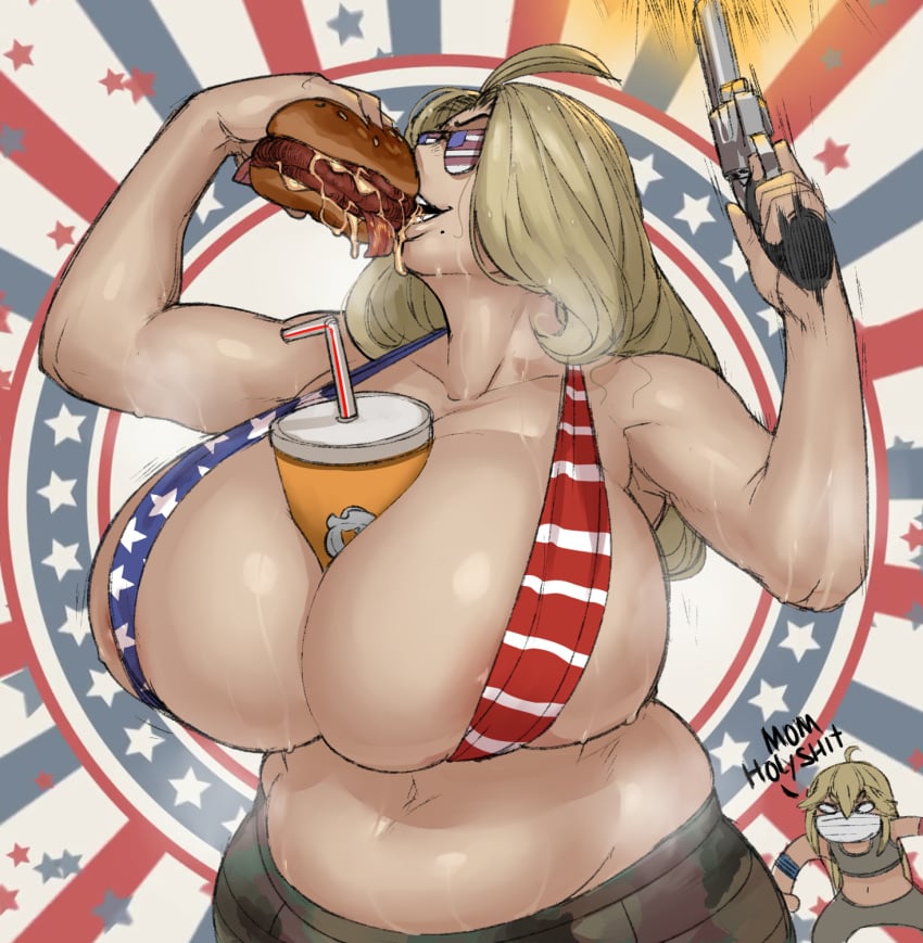 abs american_flag american_flag_bikini armpits belly between_breasts big_breasts blonde_hair burger camo camo_pants chubby cup curvy eating face_mask fast_food firearm food fupa gun gunshot hamburger handgun huge_breasts joey's_mom_(krekk0v) joey_(krekk0v) krekk0v love_handles mole mole_under_mouth muffin_top original revealing revealing_clothes revolver round_breasts steam steamy sunglasses sweat sweaty voluptuous weapon wide_hips