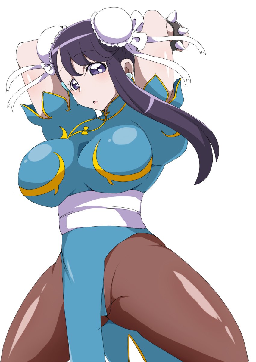 1girls big_breasts black_eyes black_hair blush bracelet busty capcom china_dress chun-li_(cosplay) clothing cosplay crossover curvy double_bun dress eye_contact female female_only front_view hair_bun heartcatch_precure! hourglass_figure human large_breasts long_hair looking_at_viewer open_mouth pantyhose pose posing pretty_cure shiny shiny_skin shirakai simple_background solo spikes spread_legs spreading standing street_fighter thigh_gap tied_hair video_game video_games voluptuous white_background wide_hips yuri_tsukikage