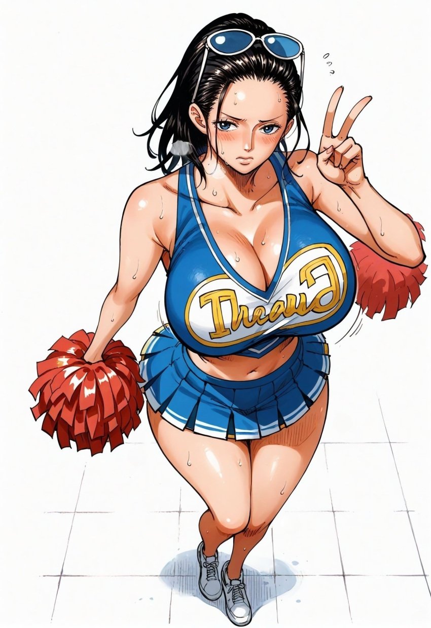 ai_generated alluring almost_naked almost_nude big_breasts blue_eyes breasts cheerleader cheerleader_outfit cheerleader_uniform cheerleading_uniform female female_only looking_at_viewer nico_robin one_piece seducing seduction seductive seductive_body seductive_eyes seductive_gaze seductive_look seductive_mouth seductive_pose sunglasses sunglasses_on_head sweat sweatdrop sweating sweaty sweaty_body thick_thighs voluptuous voluptuous_female yashin