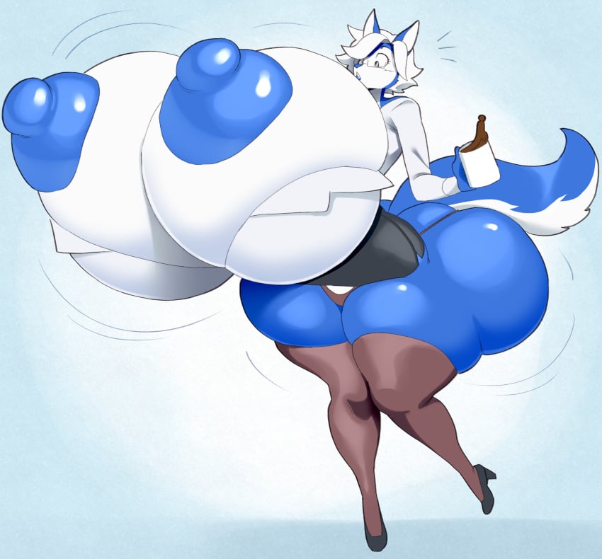 angstrom anthro areolae ass_cleavage blue_areola blue_body bursting_breasts butt_crack coffee darbo female_only fox huge_ass hyper_ass hyper_breasts mug panties surprise thick_thighs thighhighs