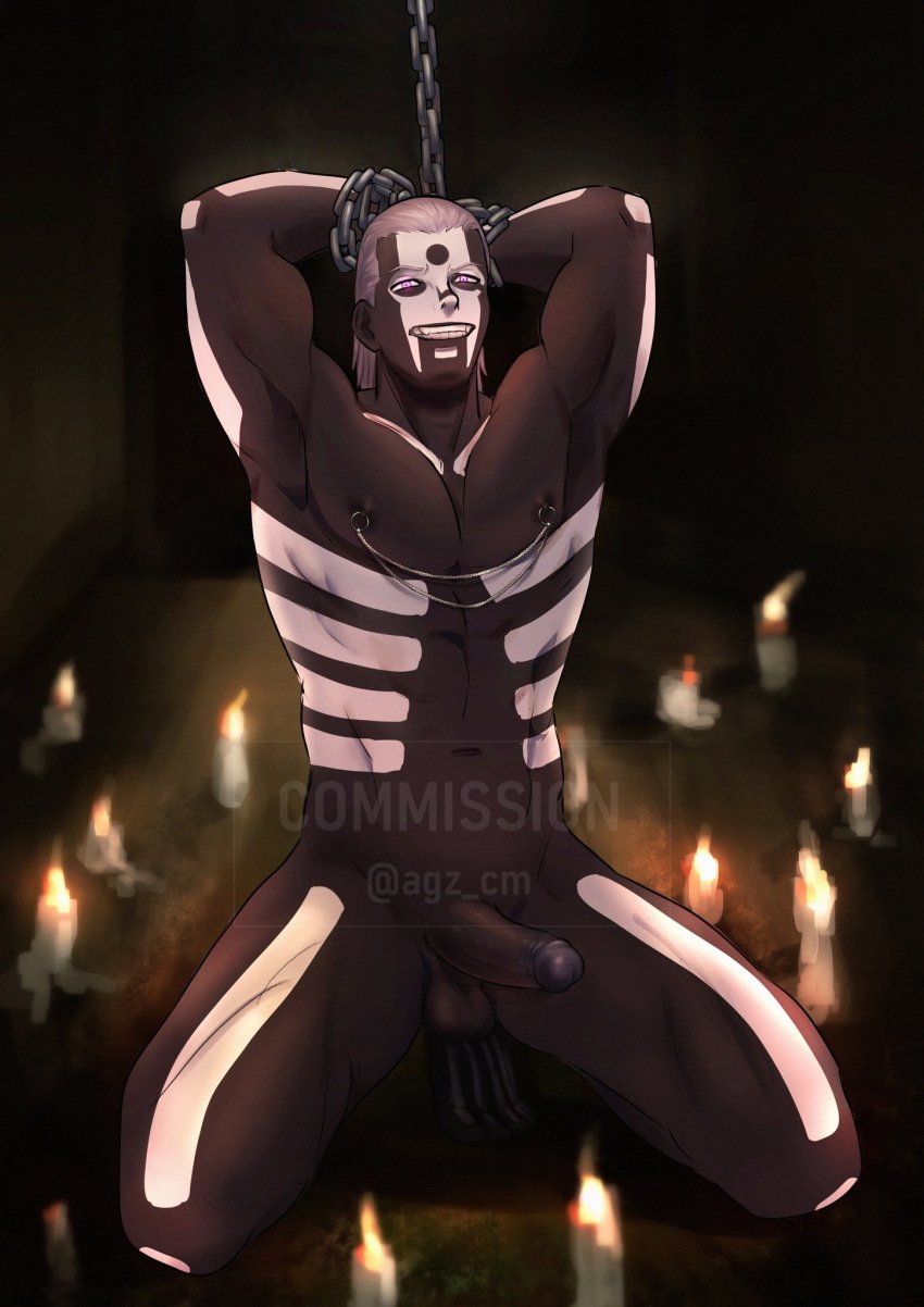 1boy aguzcm bara barazoku candle candles chained chained_up erection gay hidan kneeling naruto naruto_(classic) naruto_(series) naruto_shippuden nipple_chain nipple_piercing nipple_play on_knees pierced_nipples restrained