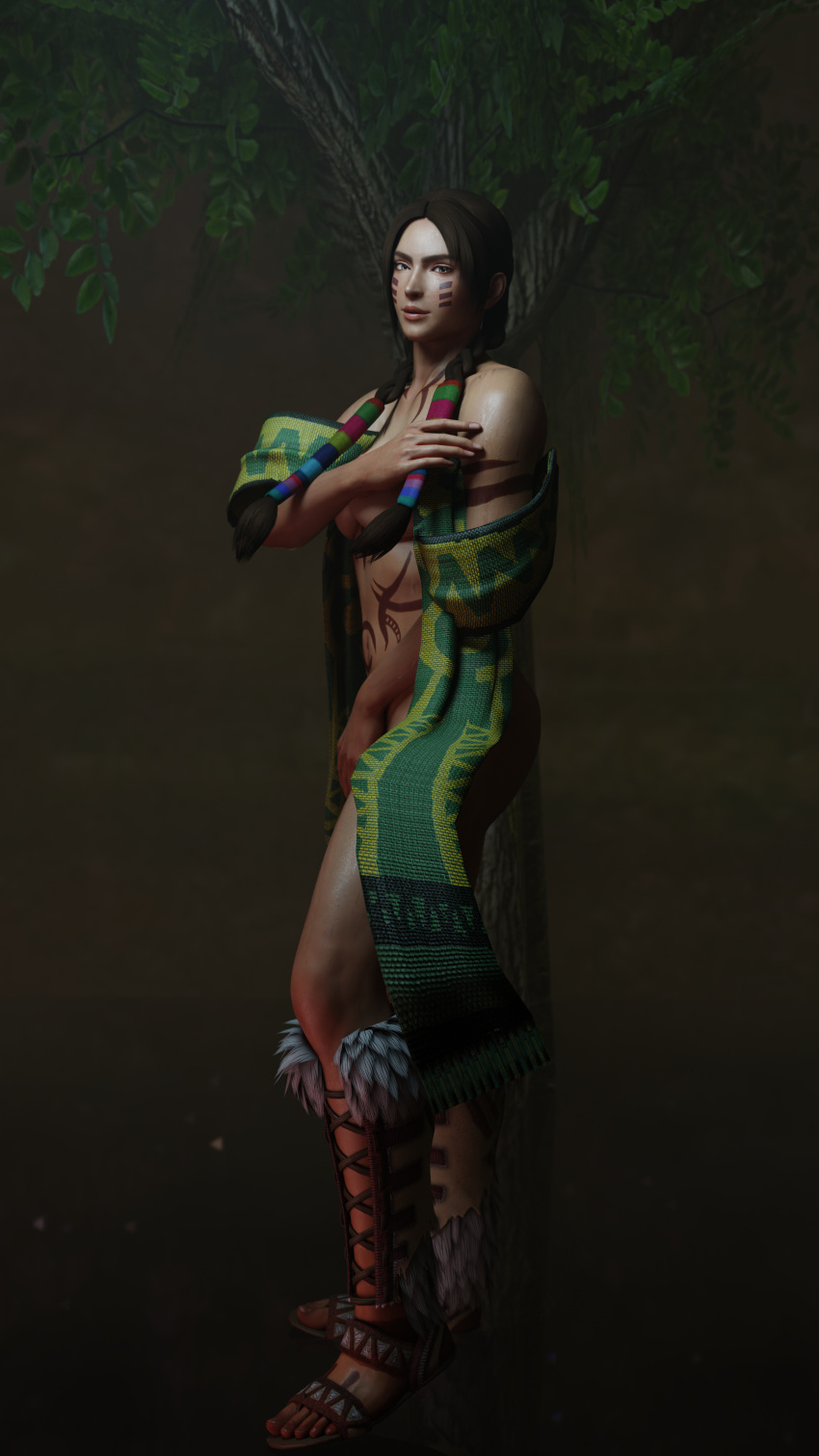 1girls 3d ass big_breasts bodypaint braid brown_eyes brown_hair cleavage covering_breasts covering_crotch feet female female_only forsavide freckles hair_ornament julia_chang looking_at_viewer namco pubic_hair sandals solo sweat tekken tekken_7 toes twin_braids