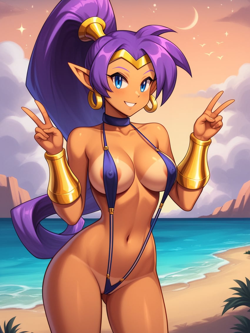 1girls ai_generated arm_up armpit beach dark-skinned_female earrings female female_only hand_on_head infiniteskull jewelry midriff navel ponytail pose posing purple_hair shantae shantae_(character) sling_bikini sling_swimsuit slingshot_bikini slingshot_swimsuit solo very_long_hair