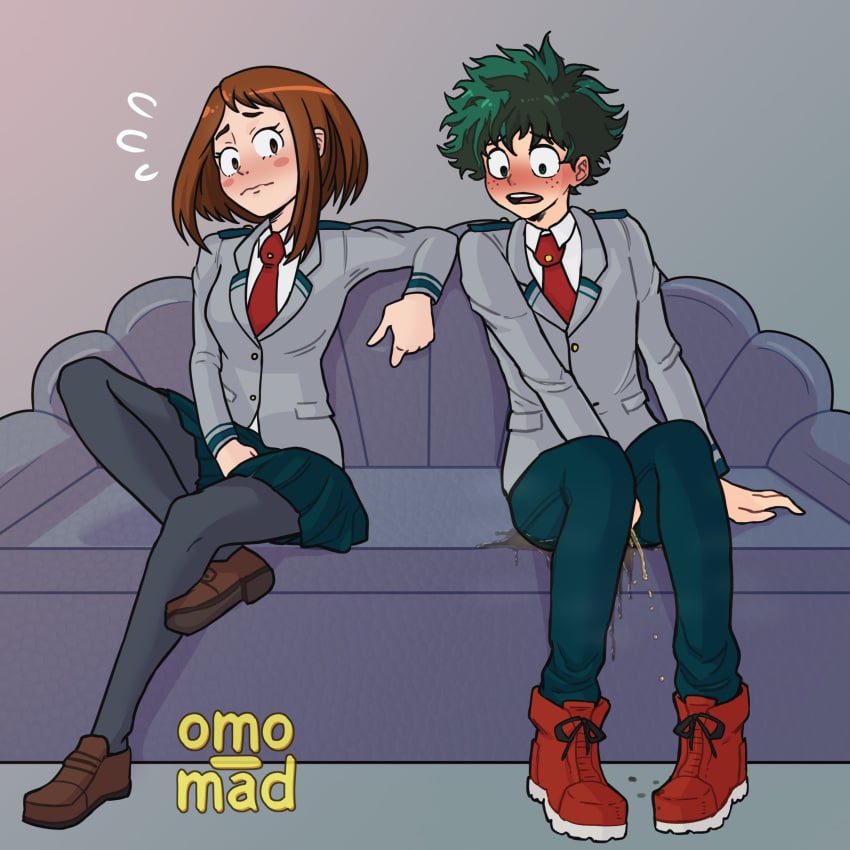 1boy1girl competitive_pee_holding contest couch couch_stain deku my_hero_academia omo_mad omorashi pee_holding pee_stain peeing peeing_self sitting sitting_on_couch stained_couch uraraka_ochako uravity urine_pool urine_stream wet_spot wetting wetting_self