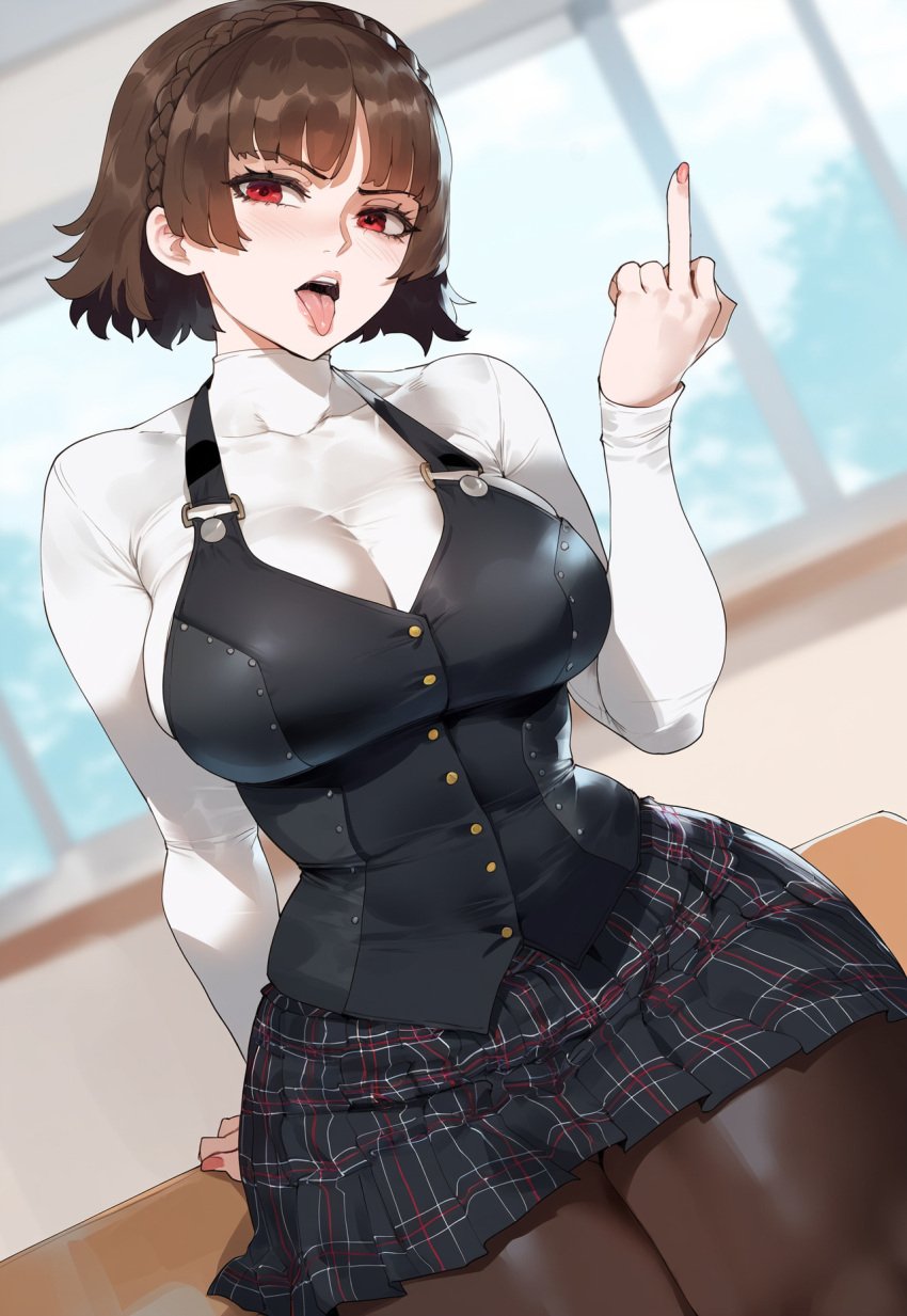 ai_generated brown_hair creamy_ai curvy large_breasts makoto_niijima middle_finger pantyhose persona persona_5 red_eyes school_uniform short_hair shuujin_academy_uniform sitting skindentation thick_thighs wide_hips