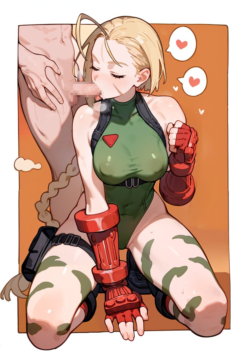 1boy 1girls ahoge ai_generated aikaku bare_shoulders beret black_footwear black_gloves blonde_hair blush bodypaint boots braid breasts cammy_white closed_eyes clothed_female_nude_male clothing combat_boots covered_navel erection fellatio female fingerless_gloves gloves green_leotard harness heart highleg highleg_leotard holster kneeling large_breasts leotard long_hair male medium_breasts nipples nude oral penis pouch red_gloves scar scar_on_cheek scar_on_face solo_focus spoken_heart straight street_fighter sweat thigh_holster thigh_strap thighs tied_hair twin_braids very_long_hair