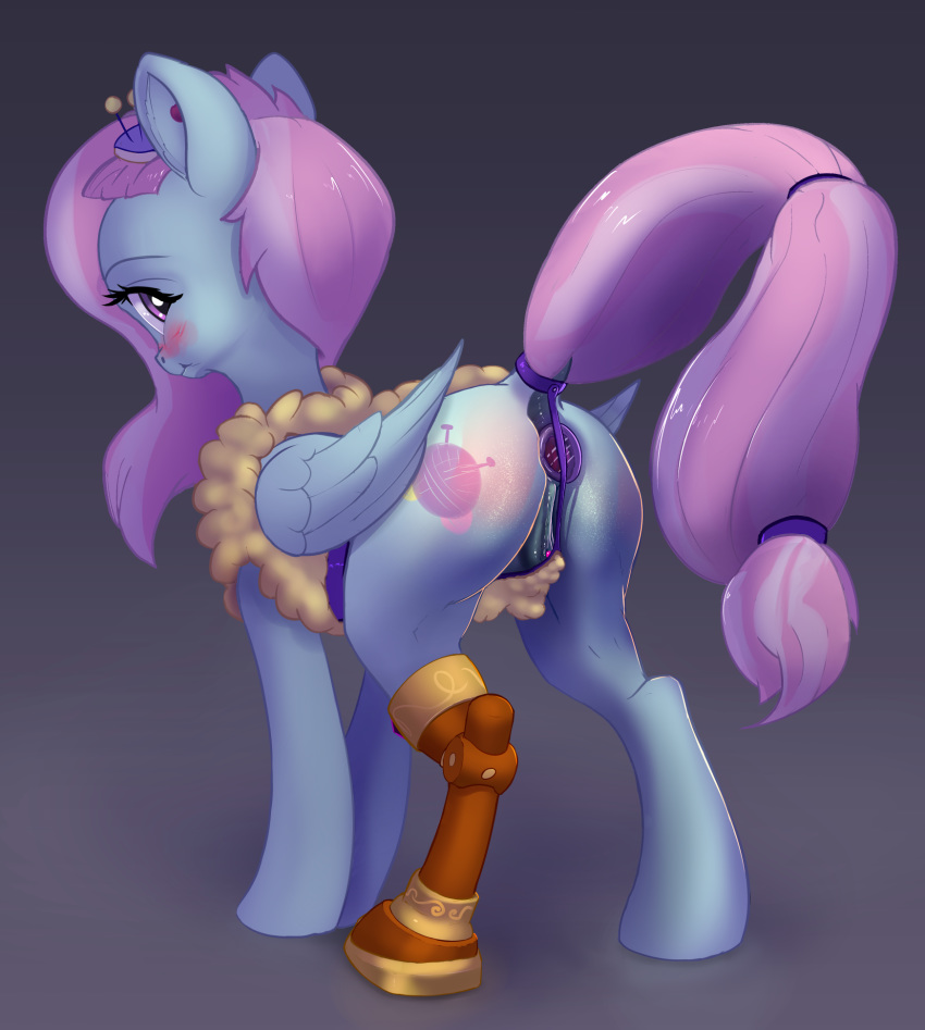 2019 amputee animal_genitalia animal_pussy anus ass blush buttplug crotchboobs cutie_mark equid equine equine_pussy female feral friendship_is_magic grey_background hair hexado hi_res kerfuffle_(mlp) looking_at_viewer looking_back mammal multicolored_hair my_little_pony prosthetic pterippus pussy sex_toy simple_background solo wings