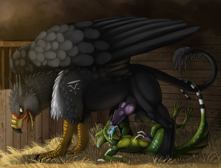 altairxxx animal_genitalia animal_penis anthro anthro_on_feral avian detailed_background feral gryphon knot lizard male male/male oral penis reptile scalie zoophilia