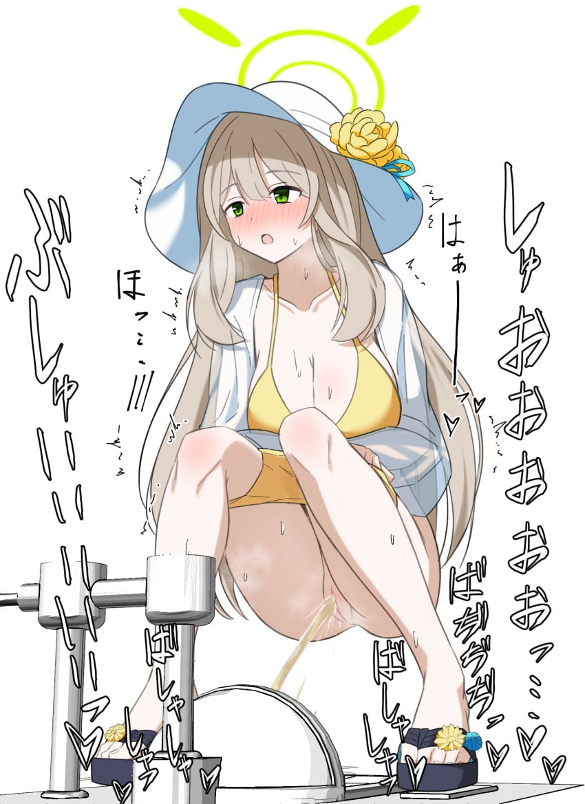 1girls blue_archive female halo hat japanese_text kenzen55884 nonomi_(blue_archive) nonomi_(swimsuit)_(blue_archive) peeing squat_toilet squatting swimsuit tagme toilet