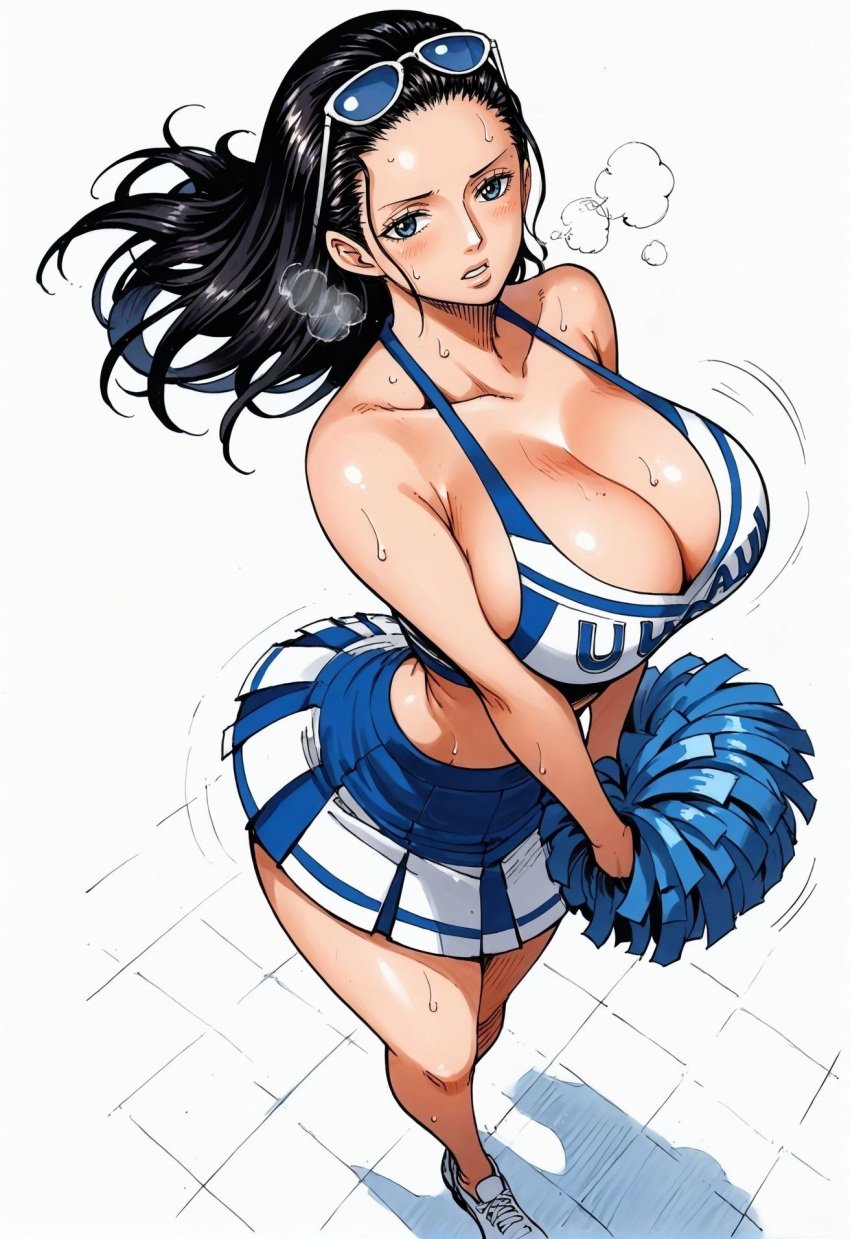 ai_generated alluring almost_naked almost_nude big_breasts blue_eyes breasts cheerleader cheerleader_outfit cheerleader_uniform cheerleading_uniform female female_only looking_at_viewer nico_robin one_piece seducing seduction seductive seductive_body seductive_eyes seductive_gaze seductive_look seductive_mouth seductive_pose sunglasses sunglasses_on_head sweat sweatdrop sweating sweaty sweaty_body thick_thighs voluptuous voluptuous_female yashin