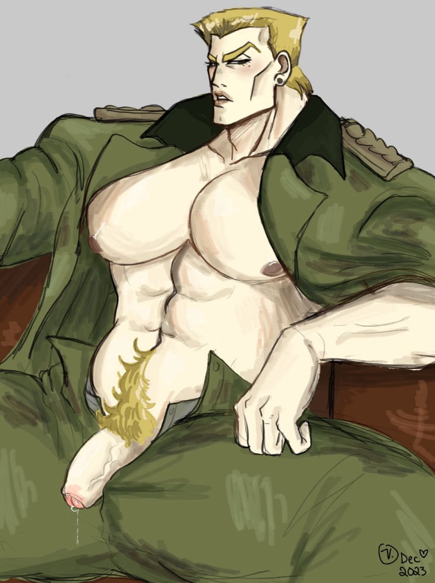 1adult 1male 1man abs adult_only bara bara_tiddies bara_tiddy bara_tits bara_titties battle_tendency blonde_hair cock_out earring eyebrows ghost_vomit green_uniform hand hands human_artist jojo's_bizarre_adventure lips looking_at_viewer muscular muscular_male naked_under_clothes naked_under_uniform no_ai no_text open_uniform pecs rudolph_von_stroheim short_hair simple_background solo solo_focus solo_male thighs uniform