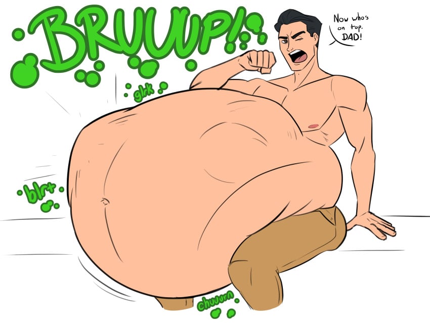 2boys belly belly_bulge black_eyes black_hair burping invincible male male_only male_pred male_prey mark_grayson omni-man one_eye_closed onomatopoeia princeofvore text text_bubble topless vore vore_belly