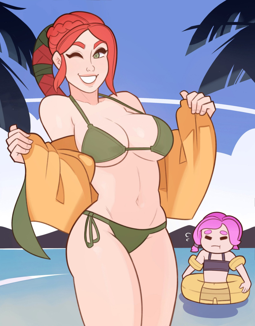 2girls beach bikini black_bikini braid breast_envy cassie_(paladins) closed_eyes cowboy_shot female female_only flat_chest green_bikini green_eyes large_breasts long_hair looking_at_viewer maeve_(paladins) multiple_girls paladins palm_tree pink_hair red_hair short_hair side-tie_bikini sidelocks splashbrush standing swimsuit undressing wink