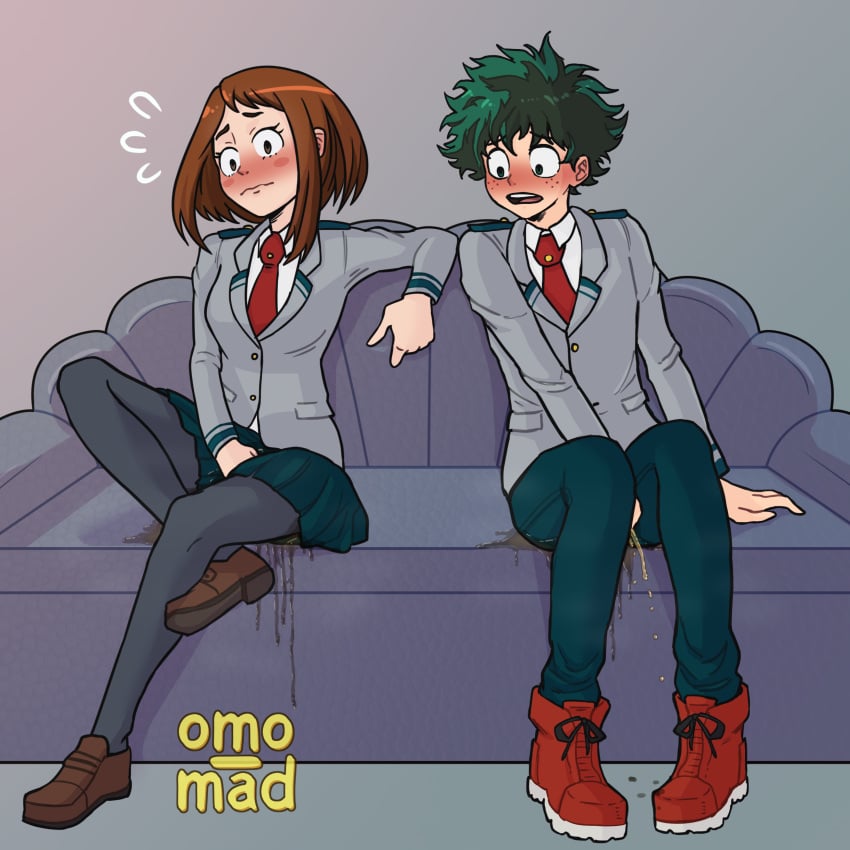 1boy1girl 2piss competitive_pee_holding contest couch couch_stain deku my_hero_academia omo_mad omorashi pantyhose pee_holding pee_stain peeing peeing_self peeing_together pissing sitting sitting_on_couch stained_couch uraraka_ochako uravity urine_pool urine_stream wet_spot wetting wetting_self