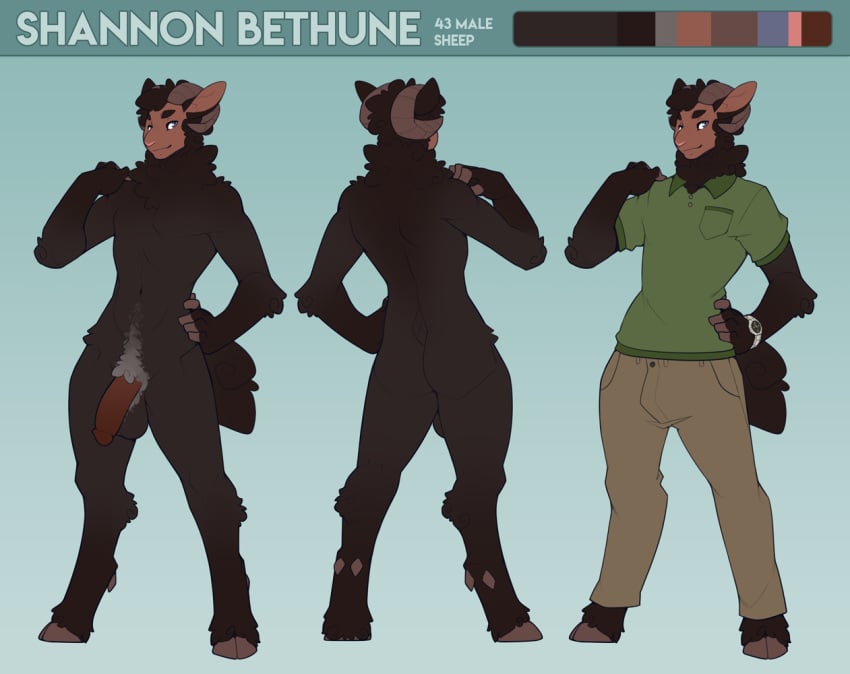 1boy anthro black_fur black_sheep bottomwear bovid caprine clothed clothing cloven_hooves curved_horn erection fetalstar fur hooves horn humanoid_penis male mammal model_sheet nude original_character pants penis pubes shannon_(hendak) sheep shirt solo text topwear wool