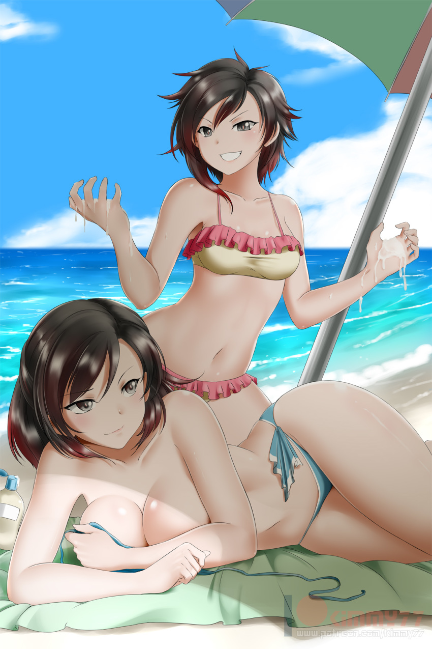 2girls big_breasts bikini breasts cleavage female female_only kimmy77 large_breasts mother_and_daughter ruby_rose rwby summer_rose