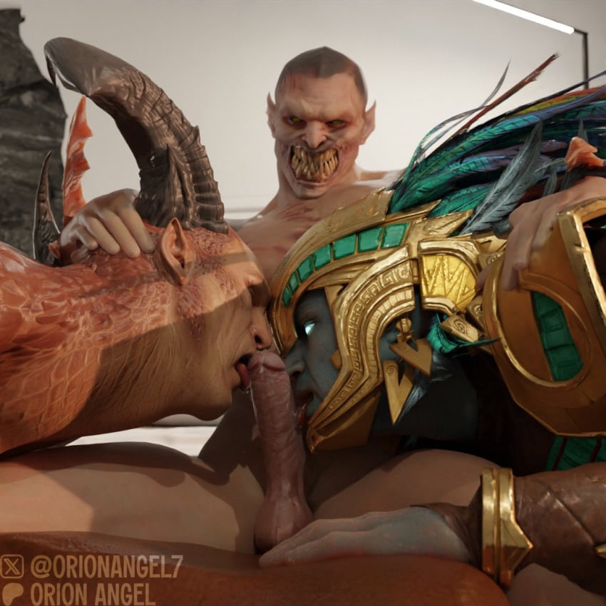 baraka big_fangs big_penis double_blowjob gay general_shao green_skin horns kotal_kahn mortal_kombat orionangel7 penis shao_kahn sucking_penis threesome