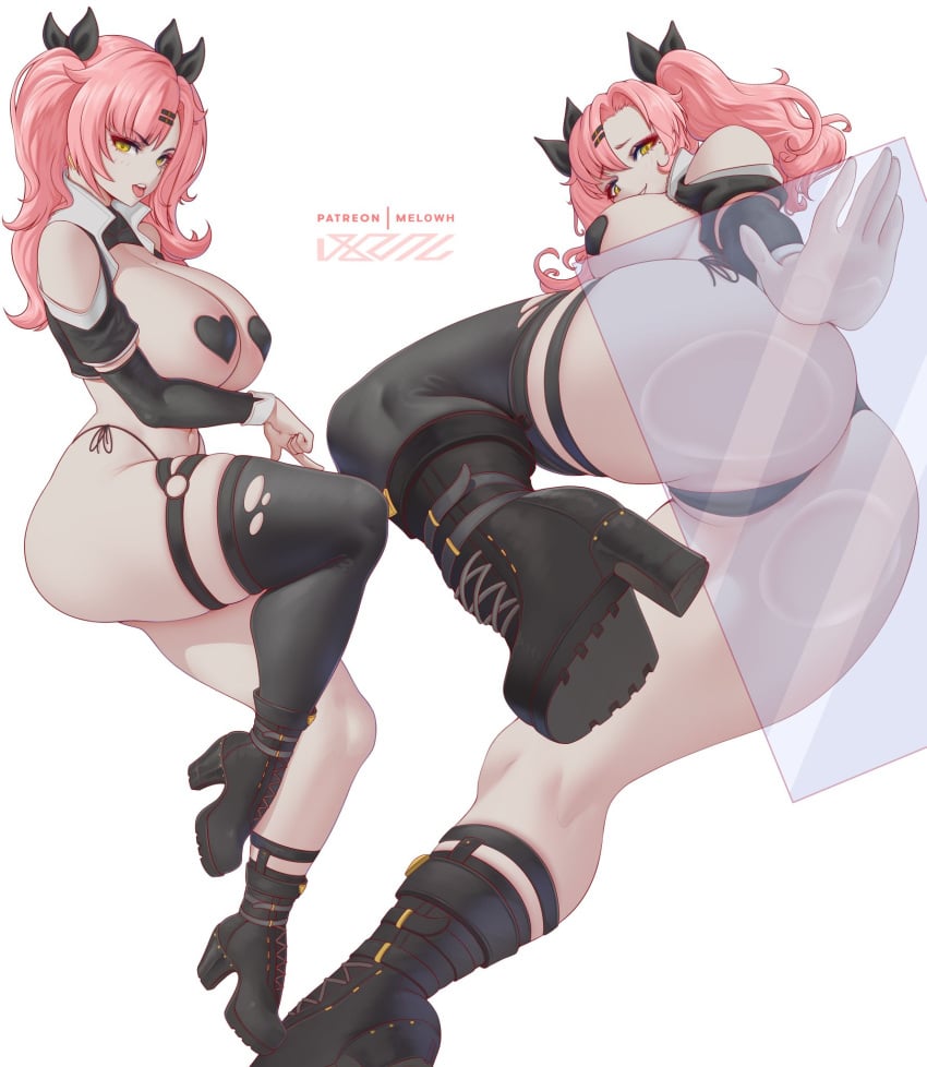 1girls against_glass ass breasts dat_ass female glass green_eyes heart-shaped_pasties high_heel_boots huge_ass large_breasts light_skin long_hair melowh nicole_demara pasties pink_hair thick_thighs twintails zenless_zone_zero