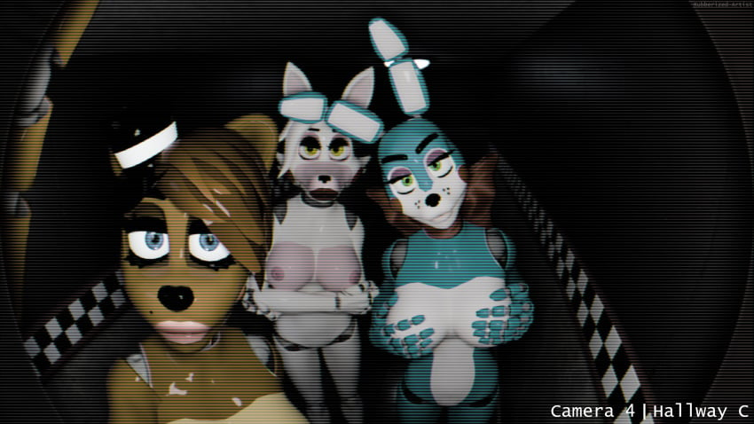 3d 3d_(artwork) 3girls blender_(software) blender_cycles blue_eyes bonnie_(disembowell) breasts camera camera_pov camera_view exposed_breasts fisheye fisheye_lens five_nights_at_freddy's five_nights_at_freddy's_2 freddy_(disembowell) green_eyes hallway hands_on_breasts leaning mangle_(disembowell) mangle_(fnaf) shiny stare toy_bonnie_(fnaf) yellow_eyes