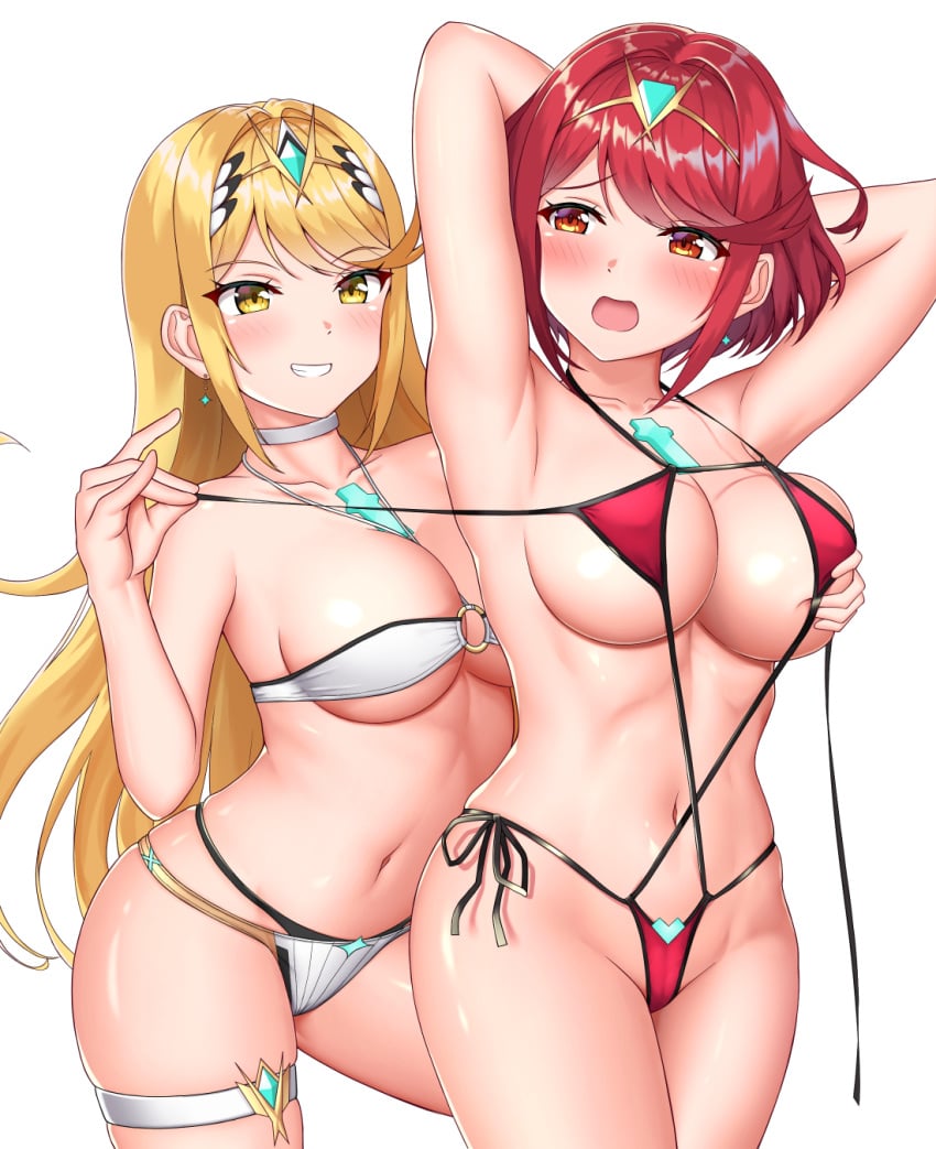 2girls :d adapted_costume armpits arms_behind_head arms_up bangs bikini black_ribbon blonde_hair blush breast_grab breasts choker circlet cleavage collarbone cowboy_shot dual_persona earrings eyebrows_visible_through_hair gem grabbing grabbing_from_behind grin hands_behind_head highres jewelry large_breasts long_hair looking_back multi-strapped_bikini multiple_girls mythra navel nintendo o-ring o-ring_bikini o-ring_top open_mouth pyra red_bikini red_eyes red_hair red_swimsuit ribbon selfcest shiny shiny_skin short_hair sidelocks simple_background sling_bikini smile sssemiii stomach swept_bangs swimsuit teeth thigh_strap underboob very_long_hair white_background white_bikini white_choker white_swimsuit xenoblade_(series) xenoblade_chronicles_2 yellow_eyes yuri