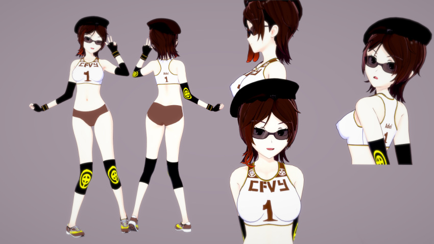 1girls ass bare_shoulders breasts brown_eyes brown_hair coco_adel extremesoda female fingerless_gloves gloves gym_uniform hat looking_at_viewer midriff navel open_mouth rwby short_hair short_shorts shorts simple_background solo sunglasses tinted_eyewear