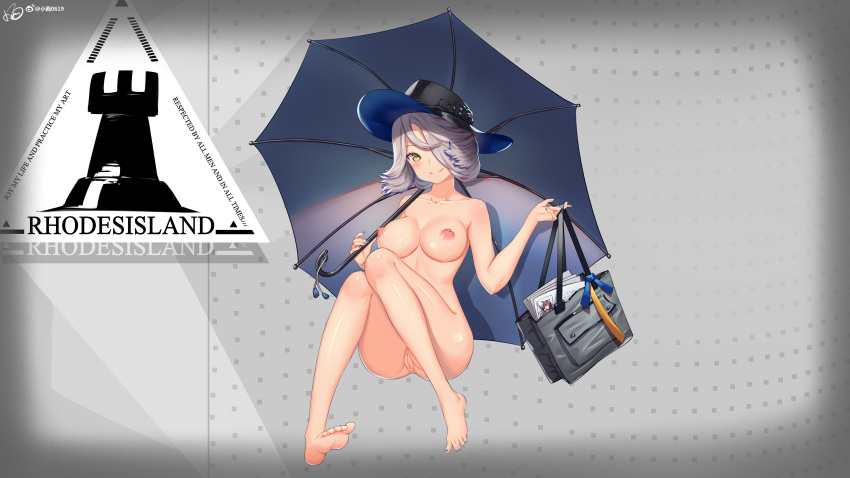 1girls absurdres arknights bangs blue_nails breasts chinese_commentary commentary_request completely_nude completely_nude_female dotted_background feet female female_only full_body grey_background grey_hair hair_over_one_eye hat highres holding holding_handbag holding_umbrella knee_up konishi_(565112307) large_breasts logo long_hair naked naked_female nipples nude nude_female orchid_(arknights) pussy silver_hair simple_background smile solo solo_female umbrella uncensored yellow_eyes