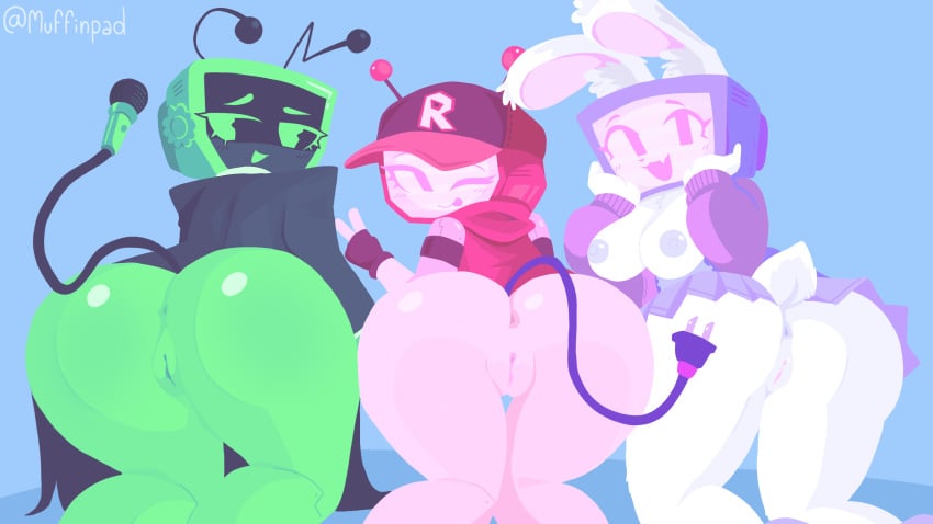 3girls ass ass_focus bnuy bunny_ears dandy's_world dandys_world forsaken_(roblox) lineless melanie_(regretevator) microphone_tail muffinpad plug_tail pussy regretevator roblox robot robot_girl tail tv_head vee_(dandy's_world) veeronica