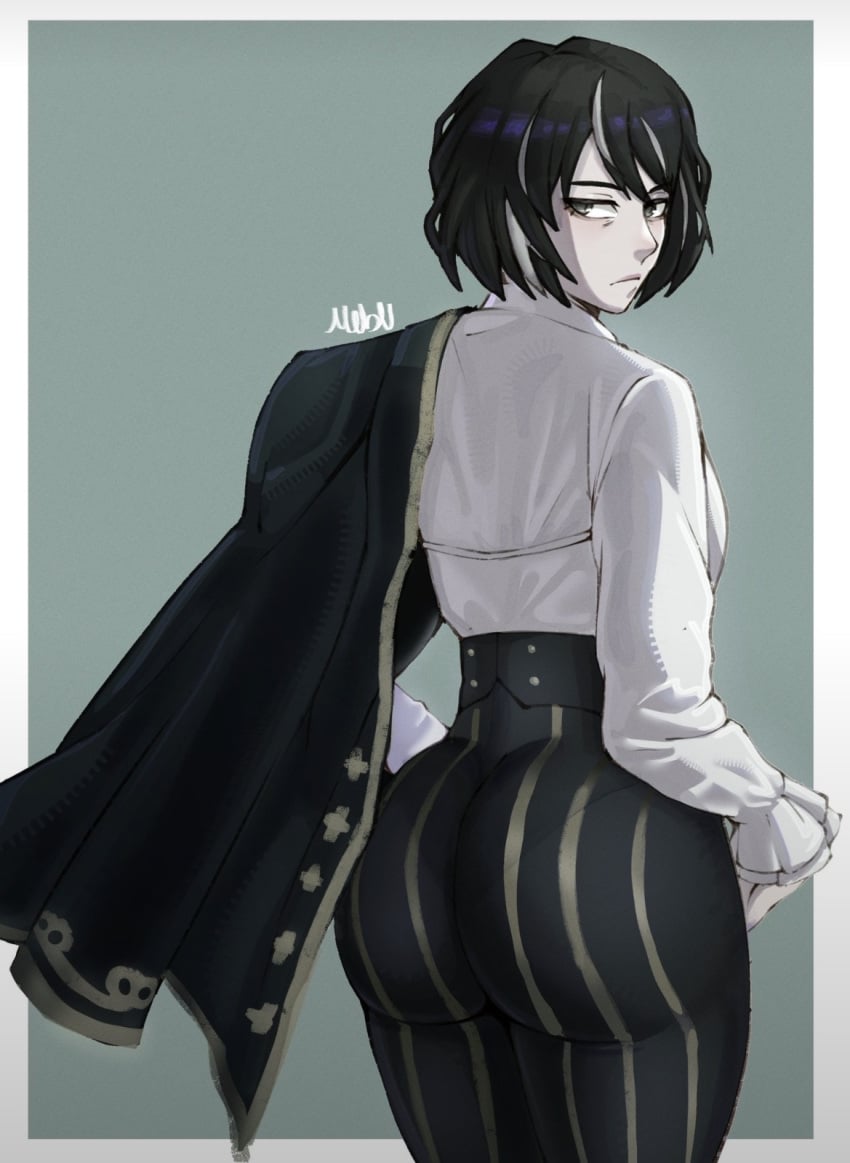 1girl artist_request ass_focus big_ass black_hair bob_cut business_woman businesswear clothed coat coat_on_shoulders color colored curvy curvy_female digital_media_(artwork) distortion_detective female_focus female_only fully_clothed gray_eyes hands_on_hips juicy_lips leggings limbus_company long_sleeves looking_at_viewer looking_back looking_back_at_viewer mature_female mature_woman moses_(distortion_detective) no_visible_genitalia older_female pale-skinned_female pale_skin pants pantylines project_moon salt_and_pepper_hair short_hair solo solo_female solo_focus thick_ass thick_thighs white_shirt wide_hips