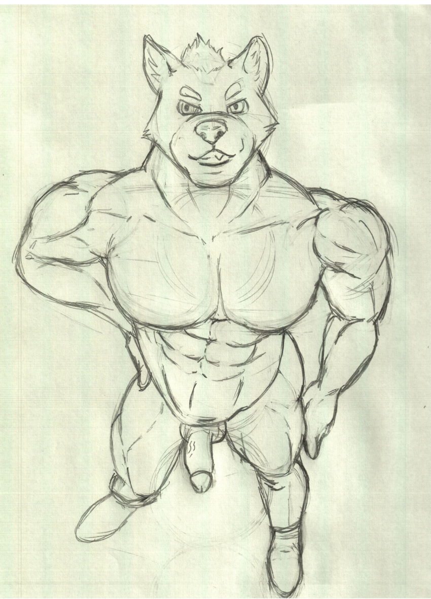 abs absurd_res boots canid canine canis clothing crazy_company footwear hi_res humanoid_penis male male_only mammal muscular nude penis pose simple_background sketch smile solo wolf