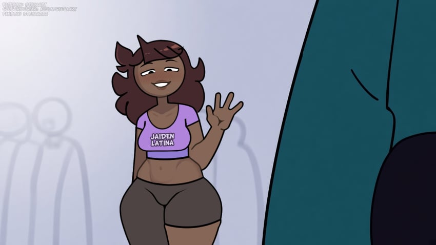 1boy 1girl 2others artist_name artist_self-insert asymmetrical_clothes asymmetrical_legwear black_jaiden black_pants blush breasts brown_hair clothes_writing clothing crop_top cropped_shirt crowd dark-skinned_female dark_skin english_text female grin jaiden jaiden_(jaiden_animations) jaiden_animations jaiden_latina jaidenanimations long_hair medium_breasts midriff multiple_others naughty_face navel pants people pink_shirt purple_shirt sexy sexy_pose shirt single_pantsleg smile solo_focus steca thelazyart thick thick_legs thick_thighs thighs very_dark_skin waving wide_hips youtube youtuber youtuber_character youtuber_girl youtubers