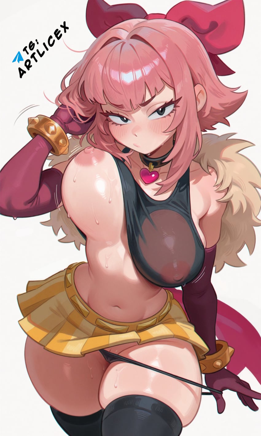 ai_generated artlicex big_breasts black_eyes black_thighhighs bouncing_breasts brawl_stars breasts_out crop_top female_focus hair_bow large_breasts looking_at_viewer melodie_(brawl_stars) navel nipples pink_hair pulling_down_pants pulling_hair pussy shy solo supercell white_background
