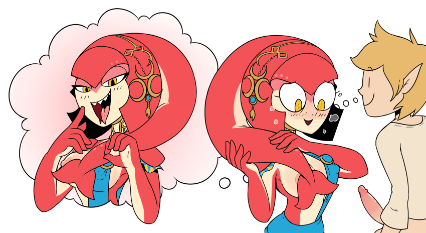 1boy 1girls areolae blonde_hair blush bottomless breasts breath_of_the_wild embarrassed erection eyebrows eyebrows_visible_through_hair female fin fish highres holding jewelry link link_(breath_of_the_wild) looking_at_penis male mipha miscon nervous nipples open_mouth orange_eyes penis penis_awe sharp_teeth shirt smile stroking teeth the_legend_of_zelda thought_bubble tongue tongue_out uncensored zora