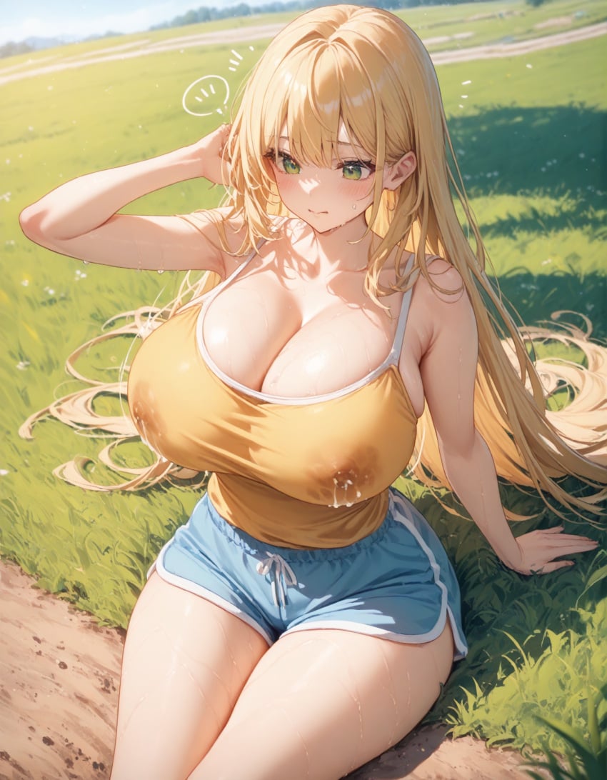 1girl absurd_res absurdres ai_assisted ai_generated belly big_breasts blonde_hair blue_sky dolphin_shorts embarassed fat_breasts female grass grass_field green_eyes heavy_breasts high-angle_view high_resolution highres juicy_breasts, lactation lactation_through_clothes large_breasts long_hair nipples nipples_visible_through_clothing original original_art original_artwork original_character pale-skinned_female pale_skin see-through sitting sitting_down smokeye soft_breasts solo solo_female solo_focus symmetrical_breasts tank_top teen teen_girl teenager thick_thighs throbbing_breasts wet_nipples wide_hips yellow_shirt