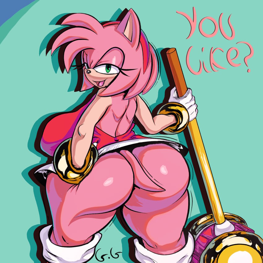 1girls amy_rose anthro ass big_breasts bottomless bottomless_female bracelet breasts english_text female female_focus female_only furry general_godzilla gloves green_eyes hairband hammer hand_on_hip hedgehog hedgehog_humanoid hips large_ass large_breasts looking_back piko-piko_hammer piko_piko_hammer pink_fur pink_hair sega sideboob skirt sonic_(series) sonic_the_hedgehog_(series) text thick_thighs thighs wide_hips