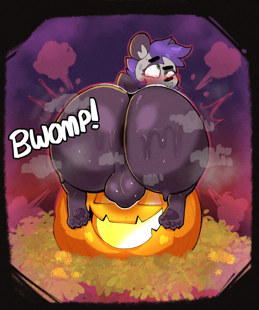 anthro ass balls bear big_balls big_butt blush bodily_fluids butt_expansion butt_focus expansion feet food fruit genitals giant_panda hair hi_res huge_butt jack-o'-lantern magic mala_(malafox) malafox male mammal multicolored_body plant pumpkin purple_hair solo solo_focus sweat text