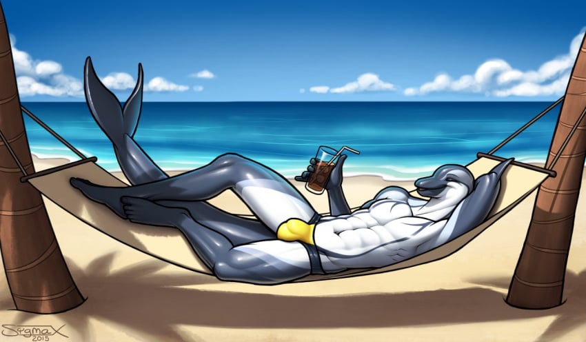 2015 anthro artist_signature athletic aurelius beach beverage bulge cetacean closed_eyes clothed clothing dated delphinoid detailed_background hammock jockstrap lounging lying male male_only mammal marine oceanic_dolphin palm_tree penis_outline public_topless seaside shirtless shirtless_(male) shirtless_anthro sigma_x solo striped_dolphin toothed_whale topless topless_anthro topless_male tree underwear