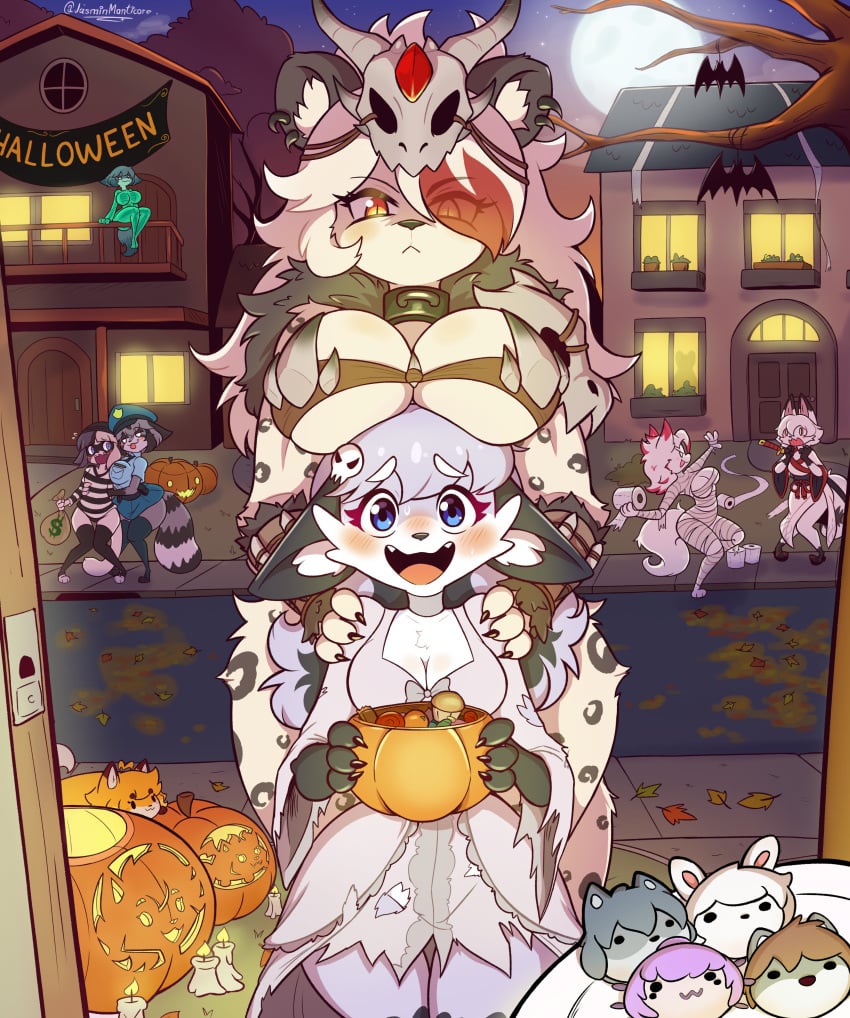 2girls anthro background big_breasts big_thighs blush breasts breasts_on_head cookie cookies costume death_glare dominant_female dominant_look embarrassed emotionless fox fox_girl furry furry_female furry_only grabbing_from_behind grabbing_shoulders halloween hips_wider_than_shoulders jasminthemanticore shorter_female shorter_girl shy_girl tagme taller taller_female taller_girl thick_thighs trick_or_treat trick_or_treating