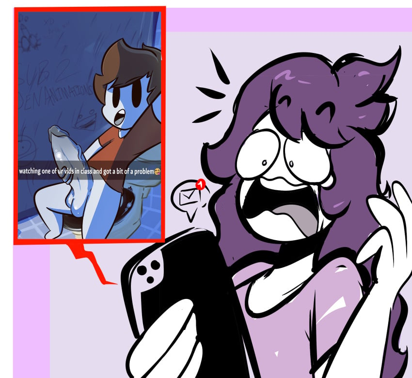 1boy 1girls big_penis brown_hair cock_shock dourlycare hand_on_penis jaiden jaiden_animations masturbation penis penis_awe phone scarf_boy shocked shocked_expression small_but_hung straight text_message uncensored young younger_male youtube youtuber