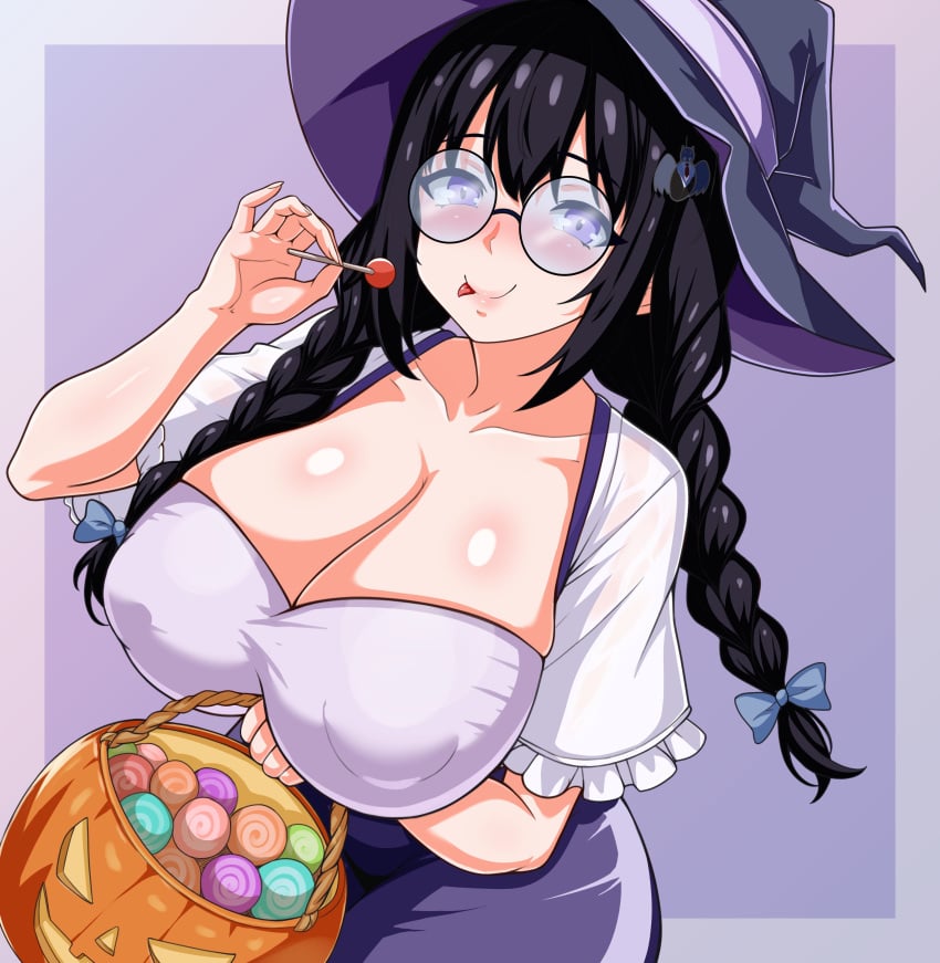 1girls areola areola_bulge areolae areolae_visible_through_clothing azienda black_hair breasts breasts_bigger_than_head candy cleavage curvaceous curvy curvy_female curvy_figure danielle_austin female glasses hair_ornament hair_ribbonhalloween_costume halloween_pumpkin halloween_theme holding_candy holding_object lollipop plump pumpkin purple_eyes ribbons simple_background smile smiley_face smiling smiling_at_viewer solo solo_female solo_focus sticking_out_tongue thick thick_legs thick_thighs tongue tongue_out twintails witch_hat